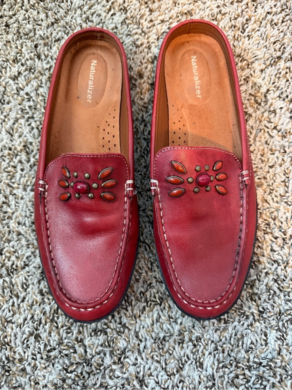 ⚡️Naturalizer Red Leather Slip-On Loafers with Decorative Studs